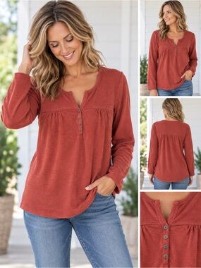 North River Waffle Knit Henley Top Rust Orange Medium